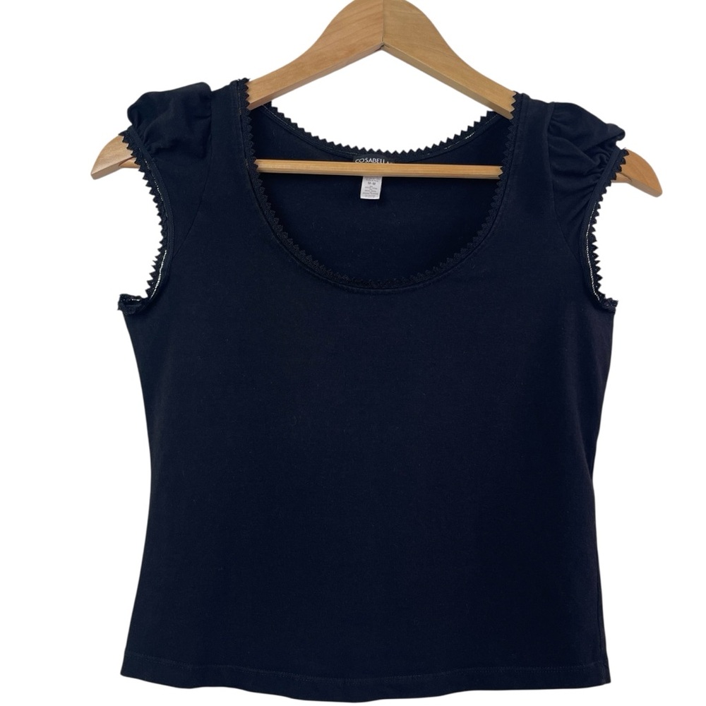 Cosabella Y2K Black Lace Trim Scoop Neck Short Puff Sleeve Baby Tee Top Medium